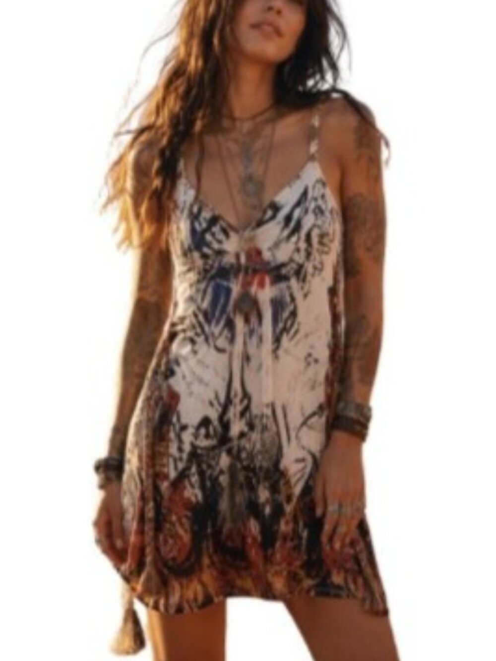 Vintage Y2K S Twelve Womens Empire Tattoo Art MIni Dress Soft Brushed Fringed S